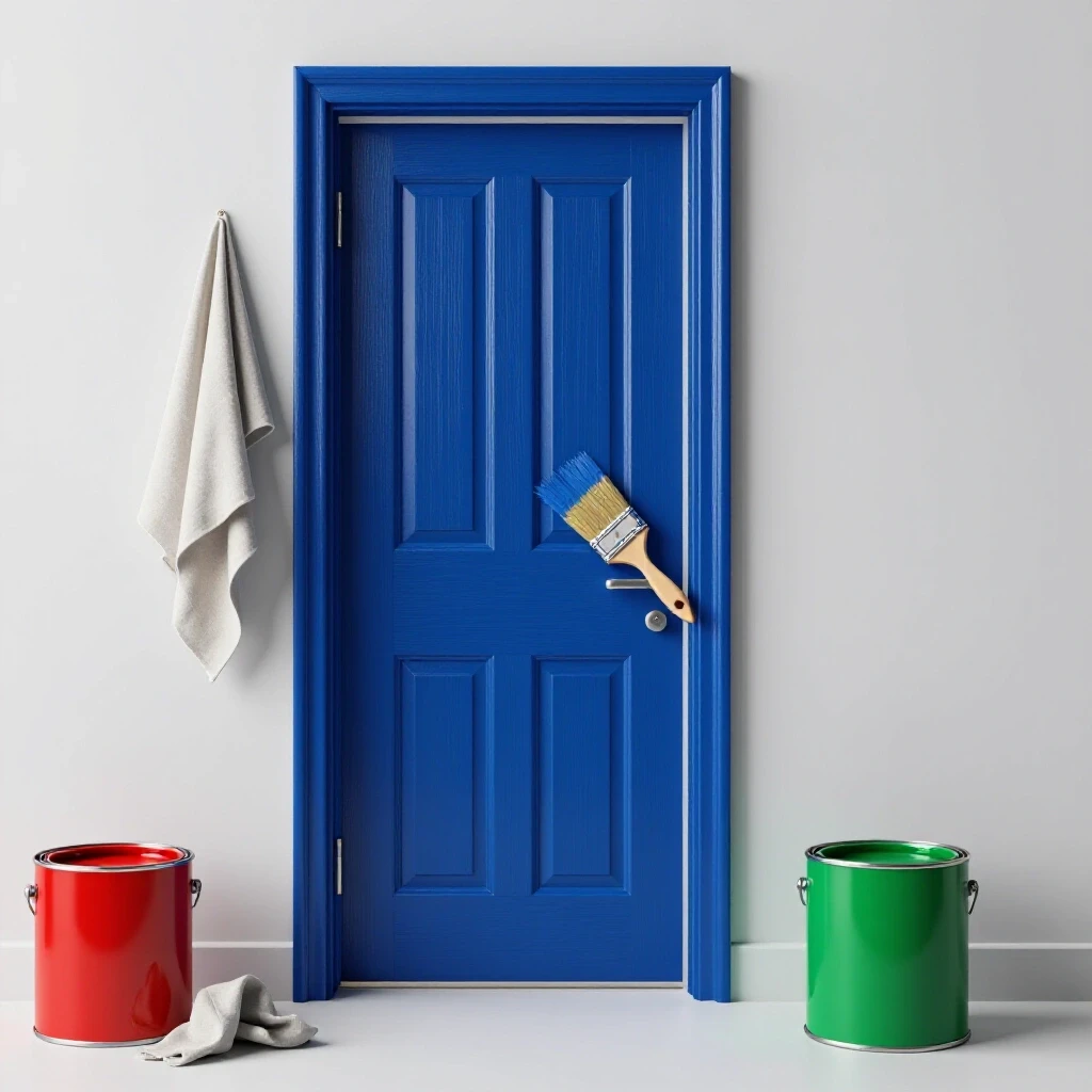 A partially painted front door in royal blue, with a paintbrush and vibrant paint cans on a draped cloth, evoking a refreshing DIY atmosphere.