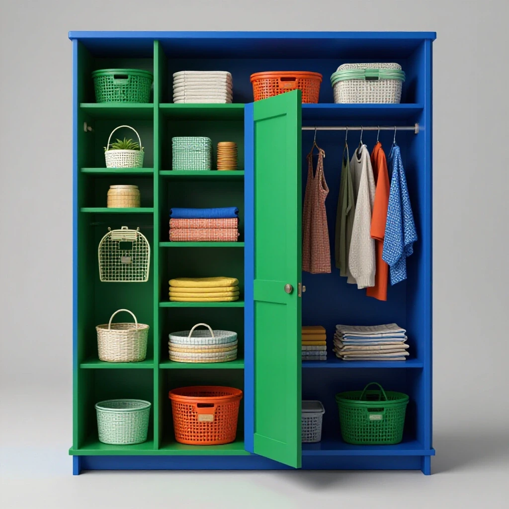 A brightly painted closet shelf with organized colorful items inside, set against a clean, light background.
