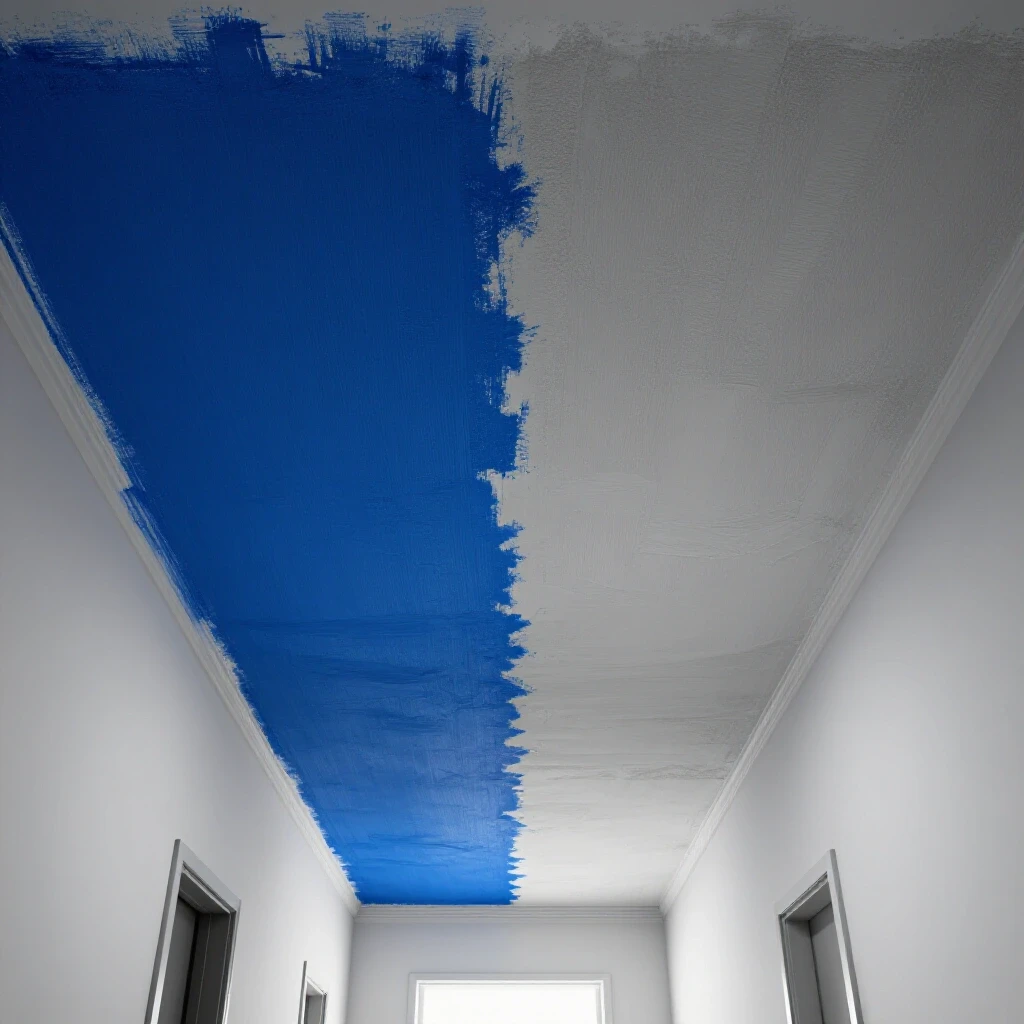 Split view of a beautifully painted and a messy ceiling, showcasing painting techniques for even coverage.