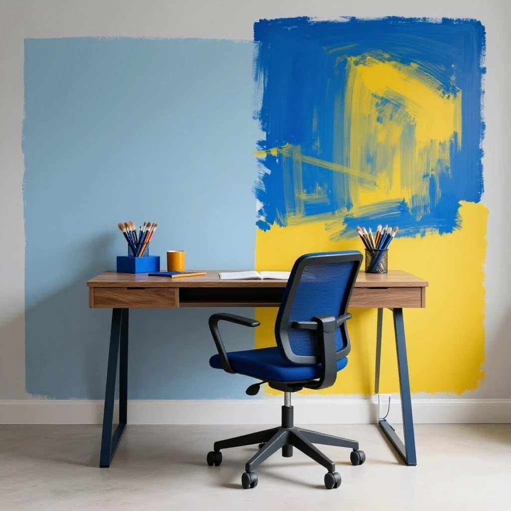 A vibrant home office with a before-and-after painting effect, featuring calming blue and stimulating yellow walls, promoting productivity.