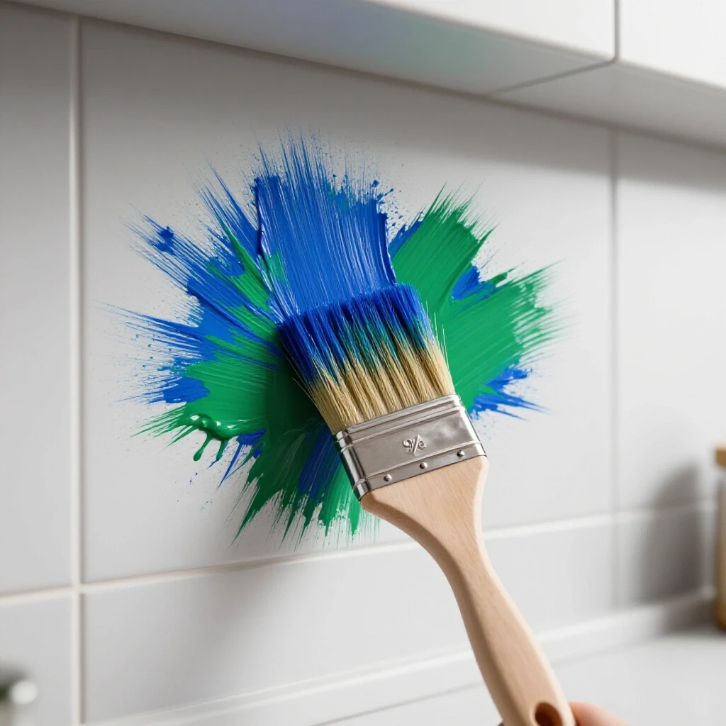 Close-up of a paintbrush mid-stroke on a vibrant kitchen backsplash with dynamic paint splatters.