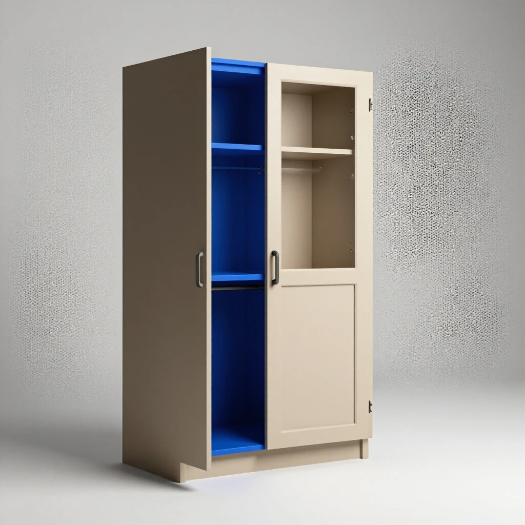 A half-open kitchen cabinet showing a vibrant blue interior on one side and a dull beige interior on the other, highlighting a painting transformation.