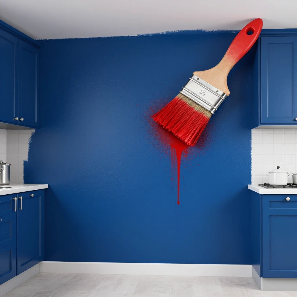 3D-rendered image of a vibrant blue kitchen wall with grease stains and a paintbrush poised above it.