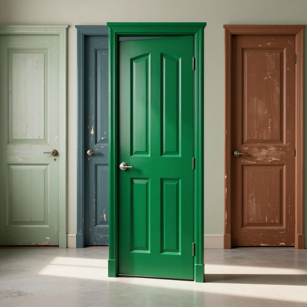 A freshly painted emerald green laundry room door stands out against a backdrop of peeling doors, showcasing durability and transformation.