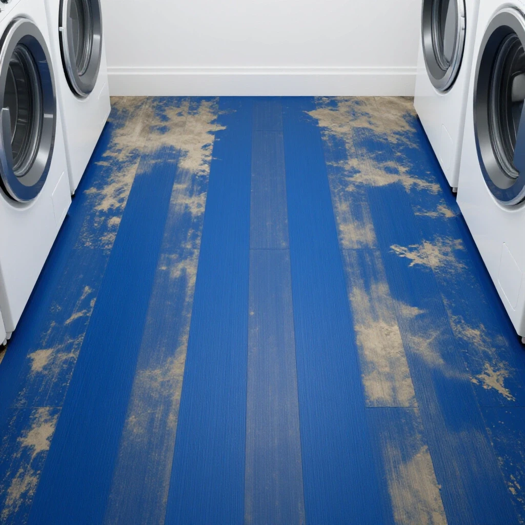 A vibrant freshly painted laundry room floor in deep blue contrasts with a faded worn-out floor, highlighting the transformation.