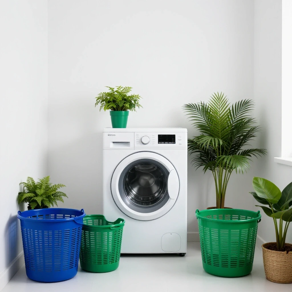 Bright laundry room with freshly painted white walls, vibrant colored laundry baskets, and greenery for a fresh look.