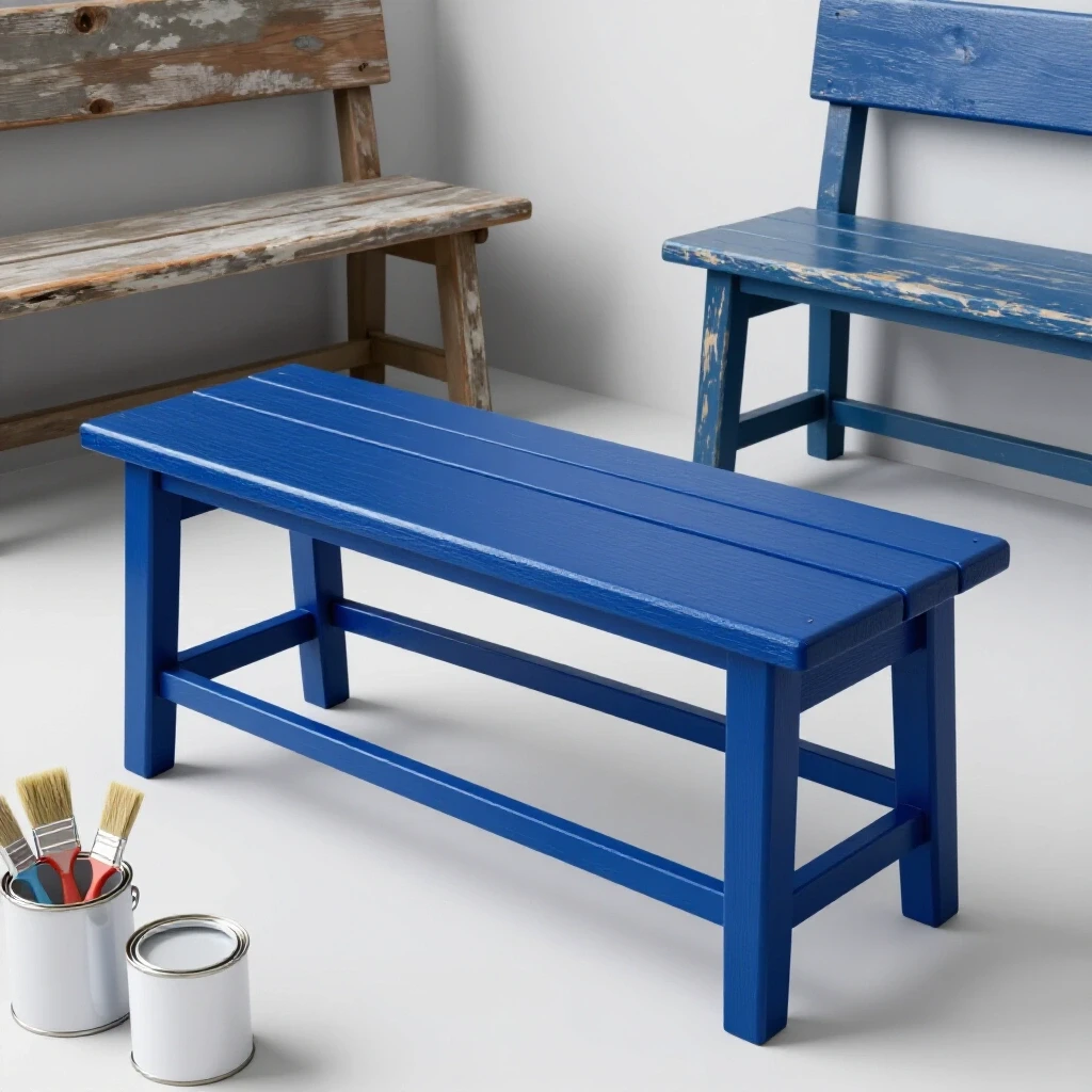 A vibrant blue mudroom bench contrasts with faded benches in a bright studio, surrounded by paint tools.