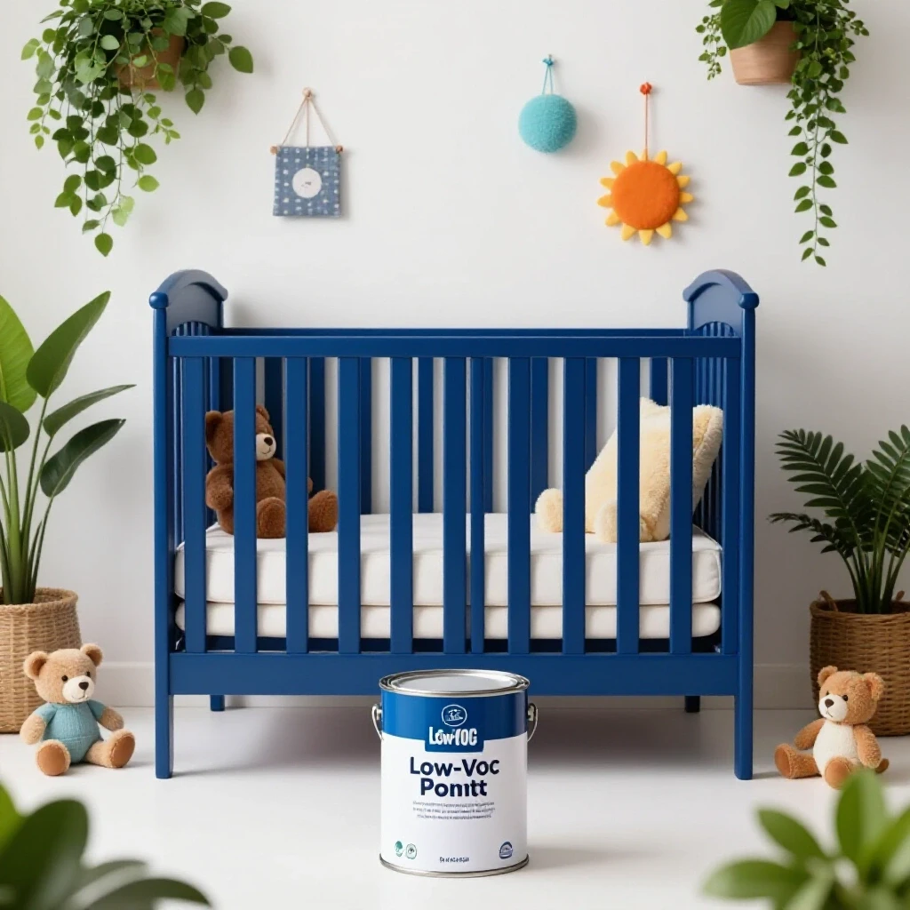 A beautifully painted nursery with a royal blue crib, lush greenery, colorful decor, and low-VOC paint can, creating a safe atmosphere.