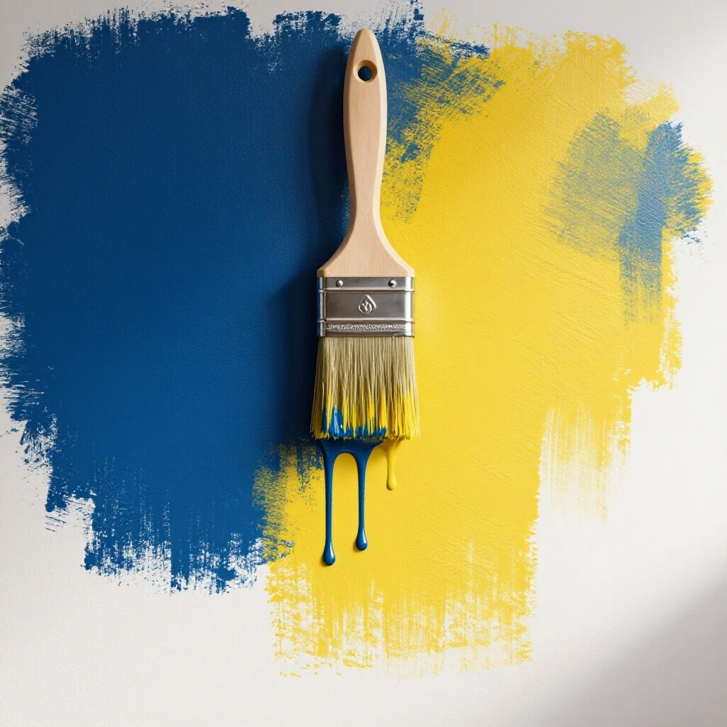 A vibrant half-painted wall with deep blue on one side and bright yellow on the other, a drip of paint from the brush in the center.
