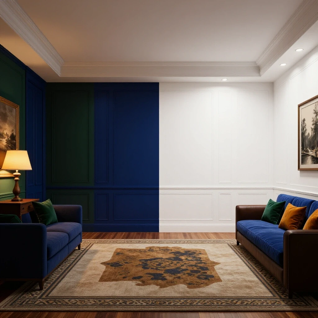 A split-view room showcasing contrasting lighting styles: dim traditional lighting versus vibrant recessed lights, emphasizing design transformation.