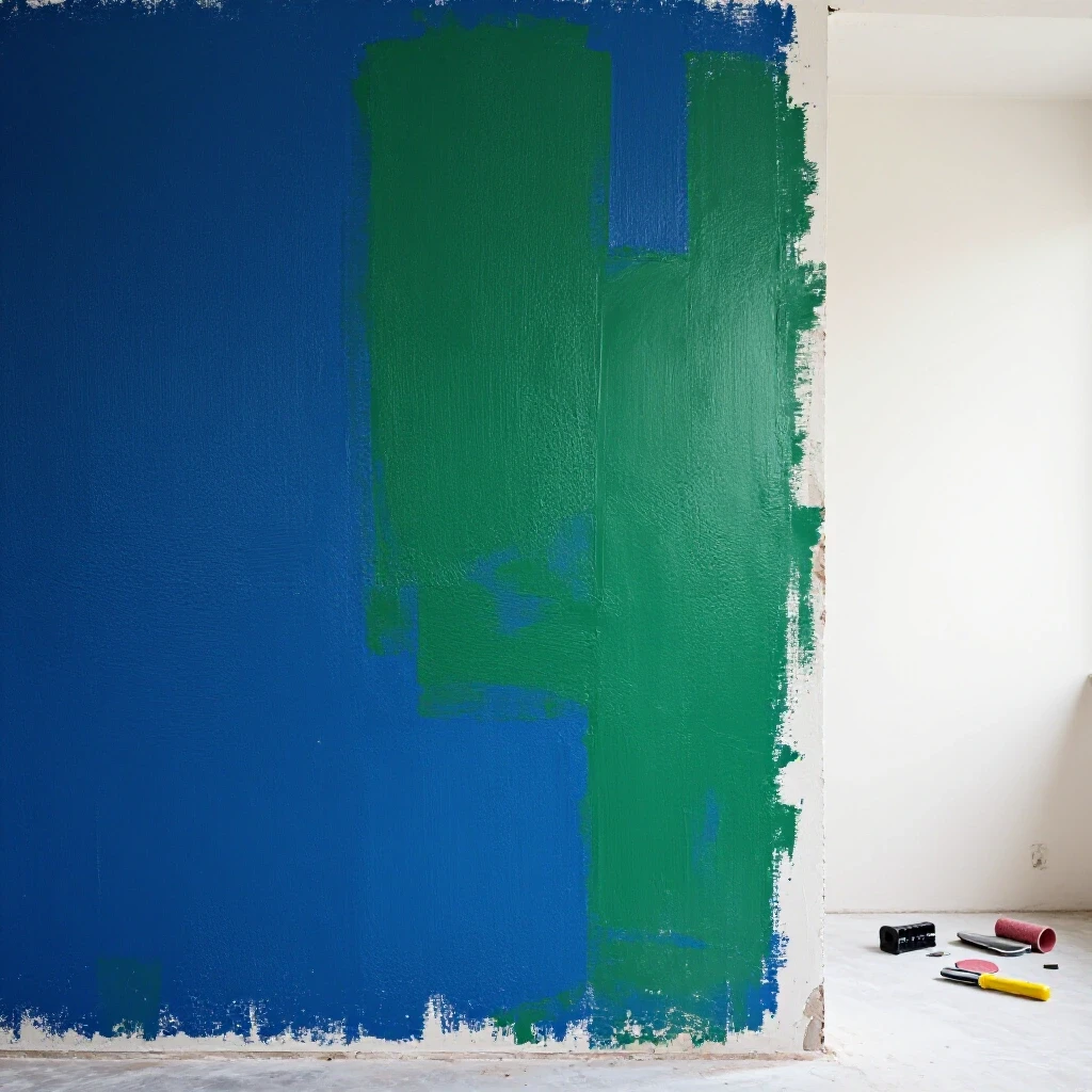 A split image showcasing a vibrant finished wall on one side and a raw, unprepped wall with tools on the other, highlighting painting preparation.