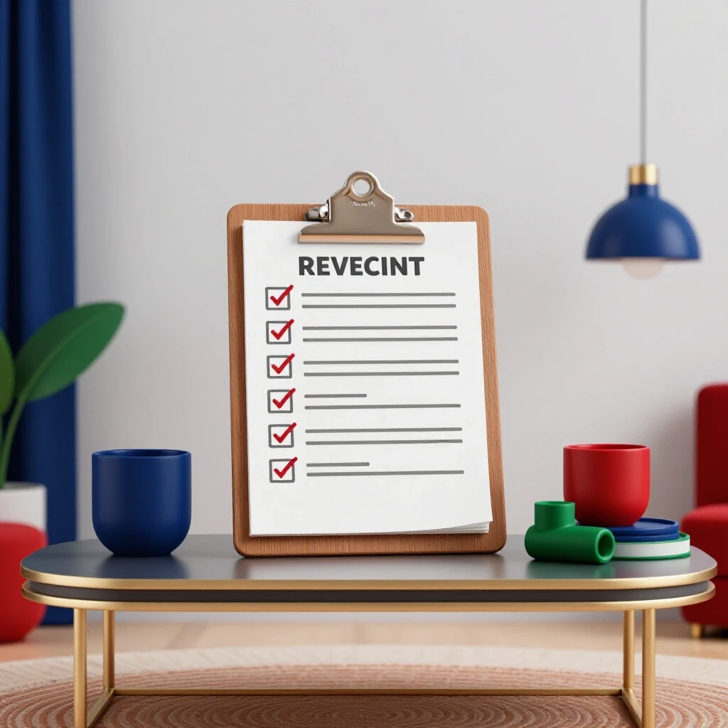 A stylishly decorated room with a checklist on a vintage clipboard on the coffee table, surrounded by rich decor items.