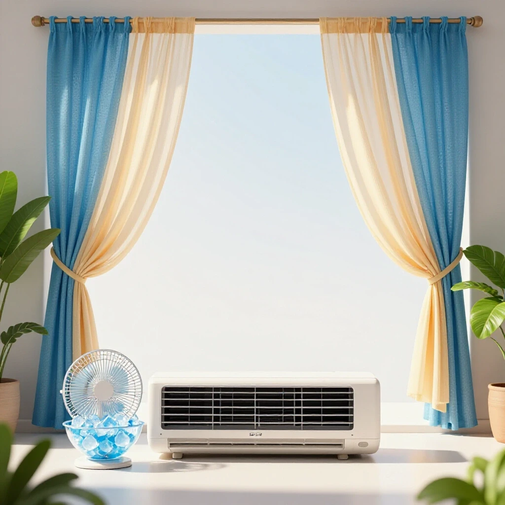 A bright, airy room with sheer curtains and a DIY air-conditioning hack featuring a fan and a bowl of ice, symbolizing summer comfort.