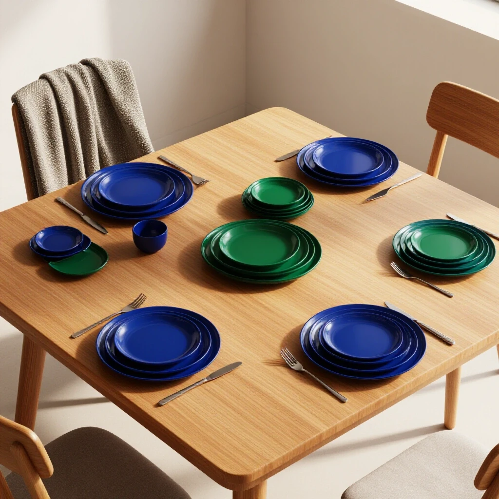 A beautifully set dining table with elegant tableware, contrasting textures, and ambient lighting for hosting guests.