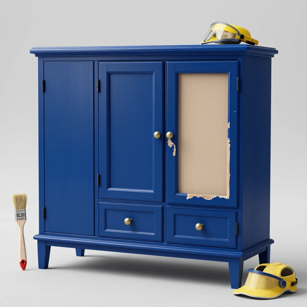 Close-up of a beautifully painted royal blue cabinet with a chipped section, surrounded by painting tools.