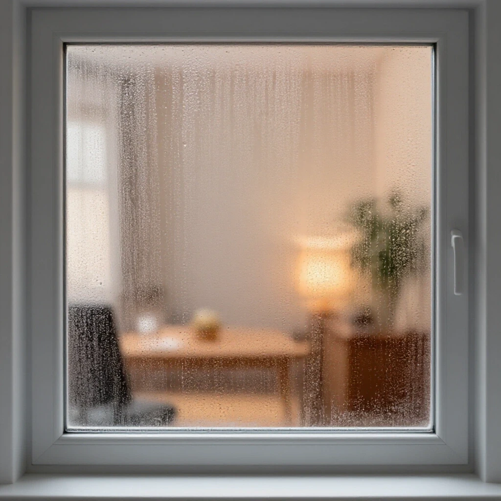 A window with condensation droplets showcasing a warm interior scene through the glass, highlighting condensation prevention.