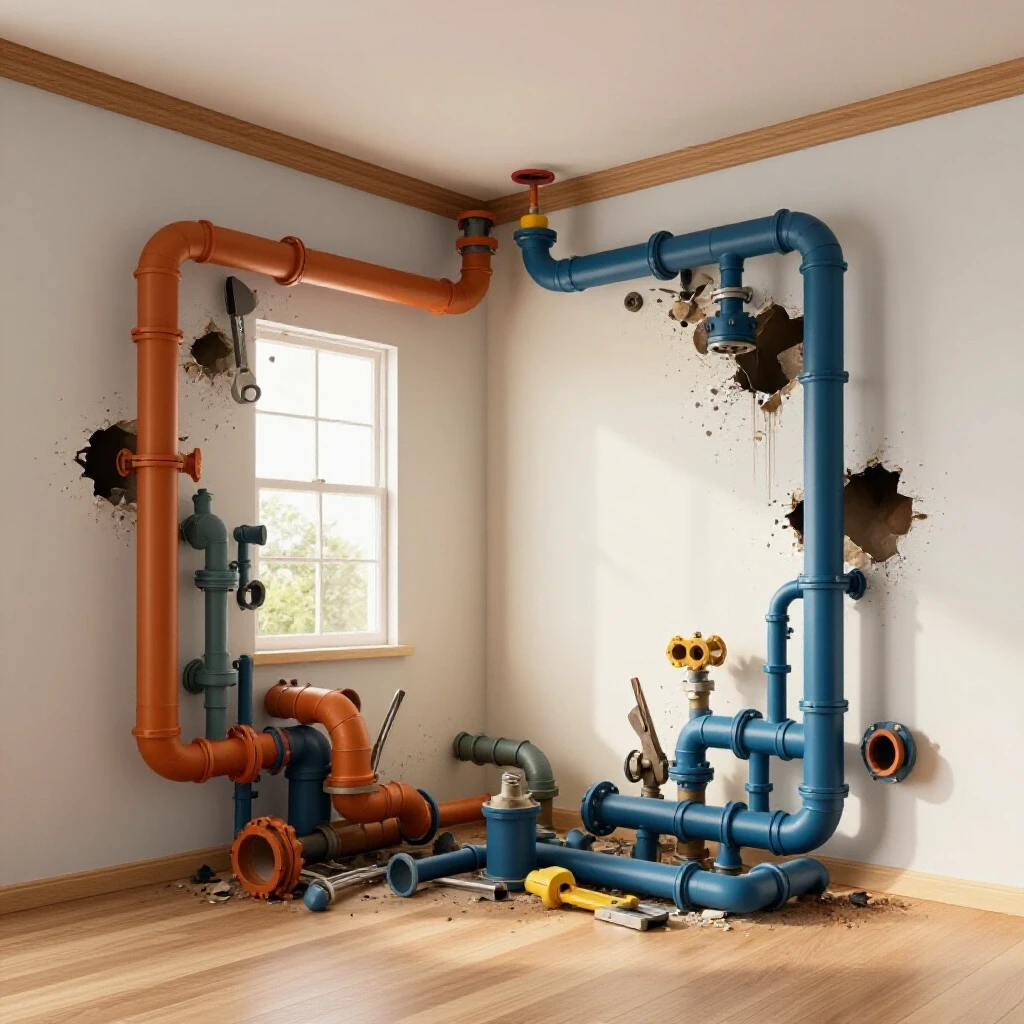 A striking visual contrasting a serene home interior with chaotic plumbing bursting through the walls, showcasing tools and pipes in disarray.