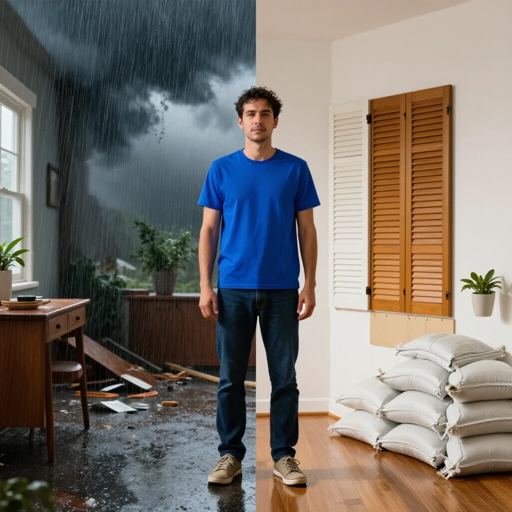 A visual contrast between a chaotic stormy home environment and a serene, protected home after a storm.