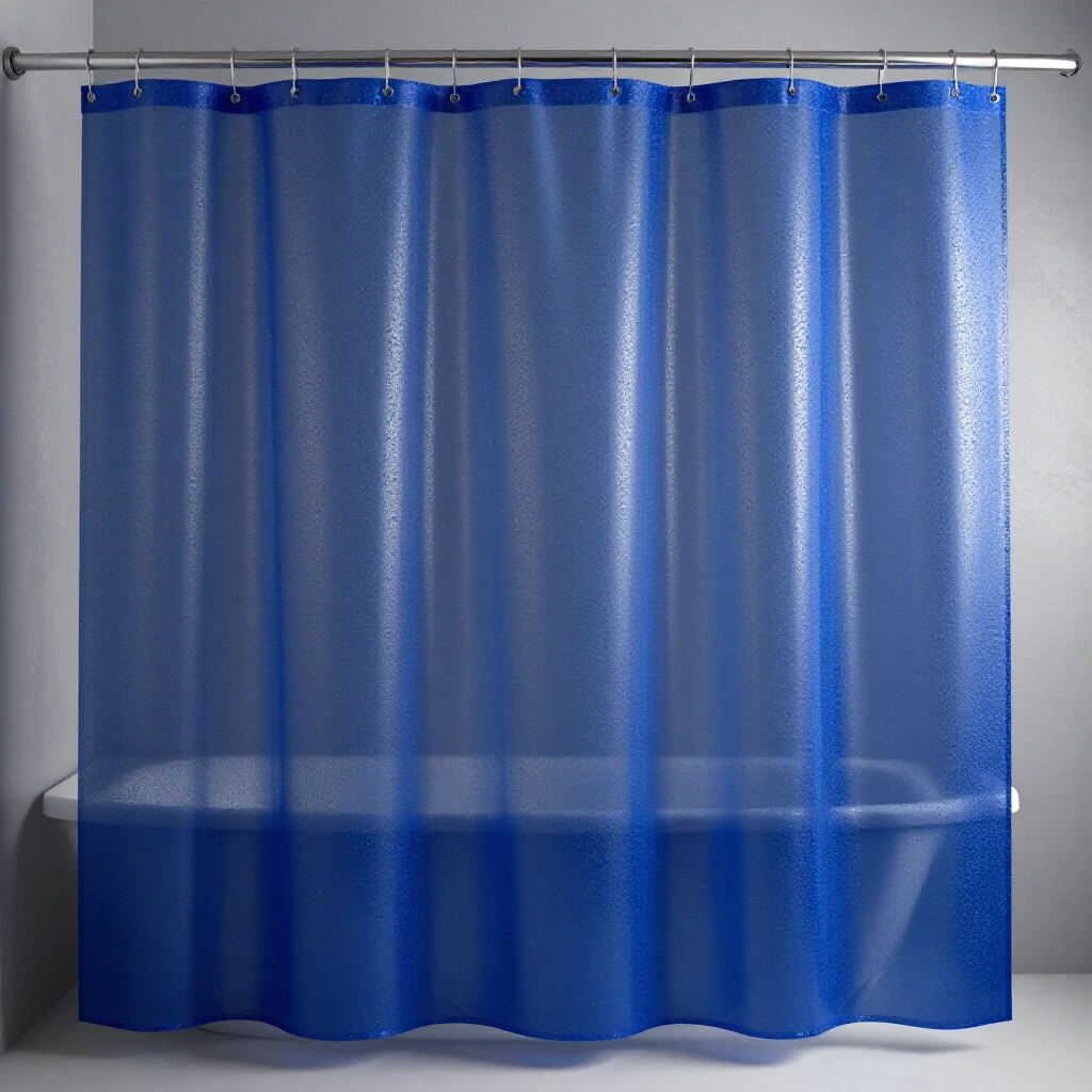A sparkling royal blue shower curtain with water droplets against a dull limescaled bathroom surface, showcasing cleanliness.