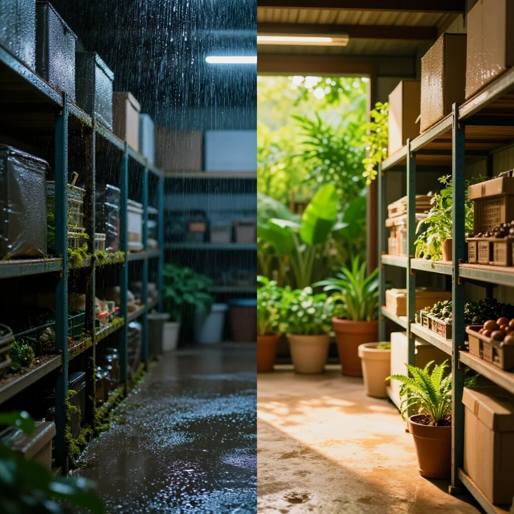 A split scene showing a damp cluttered storage area on one side and a bright organized space with greenery on the other, illustrating moisture prevention.