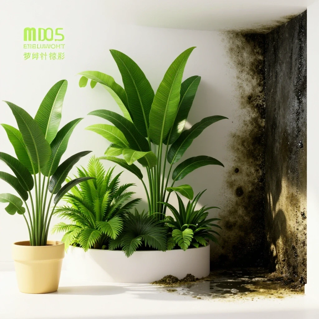 A bright room with lush plants contrasted by a dark corner showing mold, illustrating moisture control.