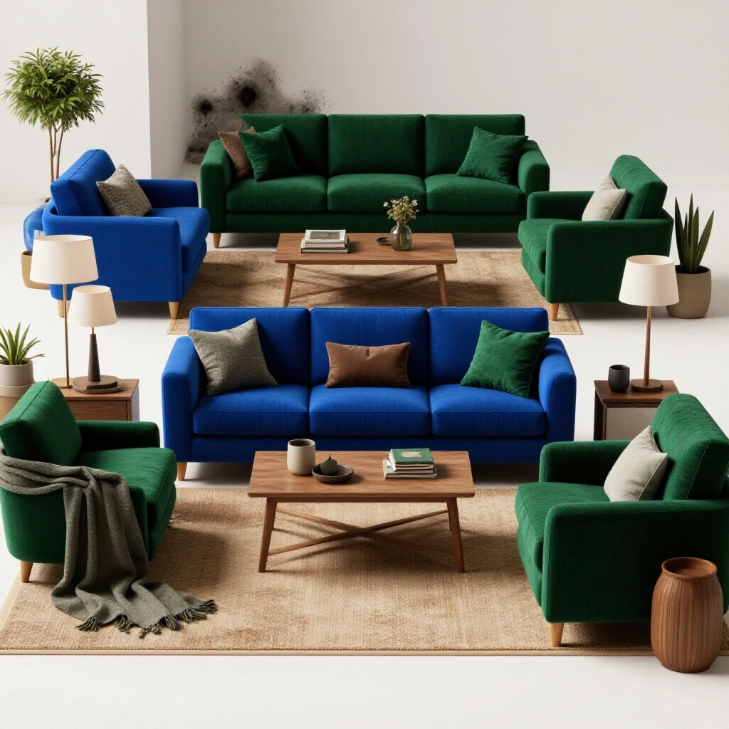 A cozy living room with vibrant furniture, contrasted by a shadowy area behind showing subtle mold growth.