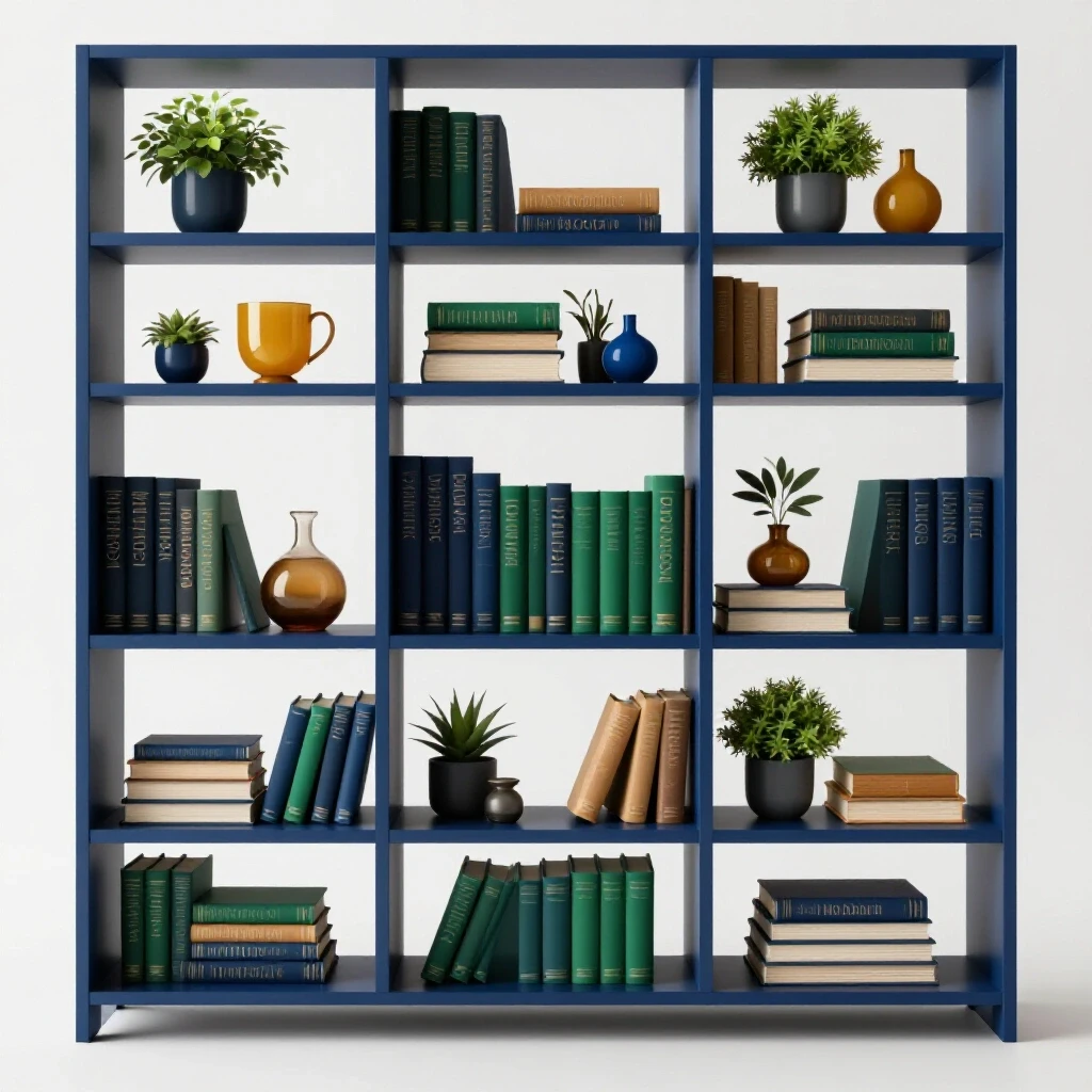 A beautifully styled open shelf featuring vibrant decor items, books, and a hint of playful clutter.