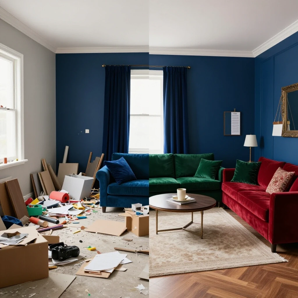 A comparison of a cluttered, unfinished room and a beautifully styled living space, showcasing home improvement potential.