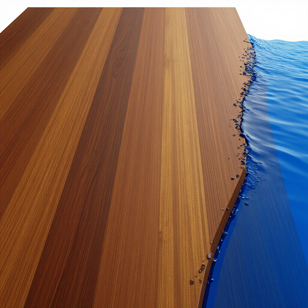 A stunning visual contrast of a richly toned wooden floor with water spilling over it, highlighting moisture protection themes.