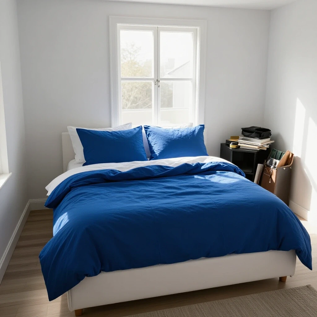 Bright, cozy bedroom transformed with inviting blue linens, capturing morning light and highlighting a cluttered corner.