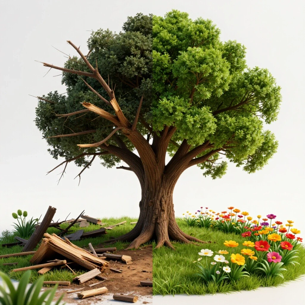 A split scene depicting a storm-damaged tree on one side and a vibrant restored tree surrounded by flowers on the other side.