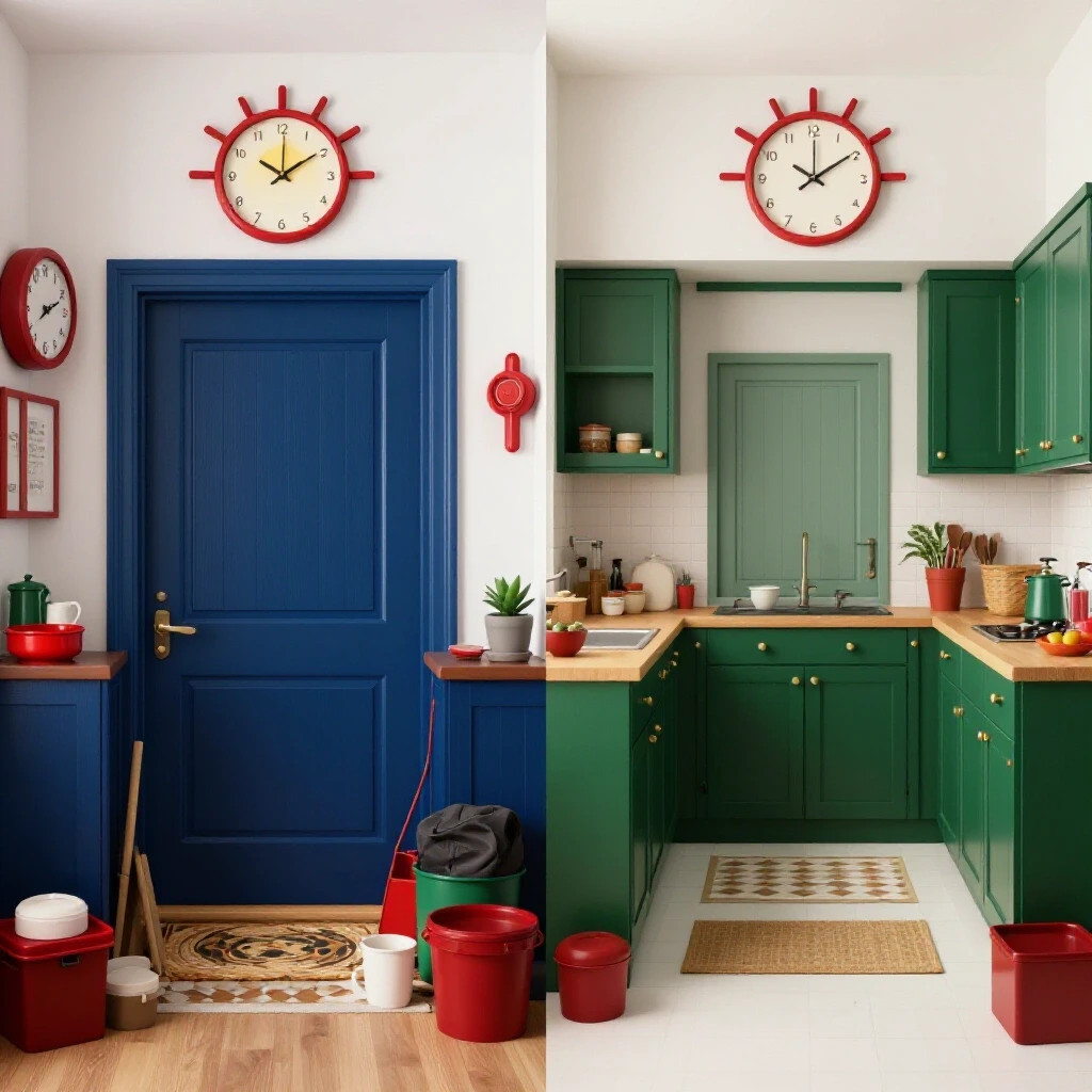 A split-image showing a chaotic entryway and kitchen on one side versus a serene, organized version of both spaces, symbolizing a calming morning routine.