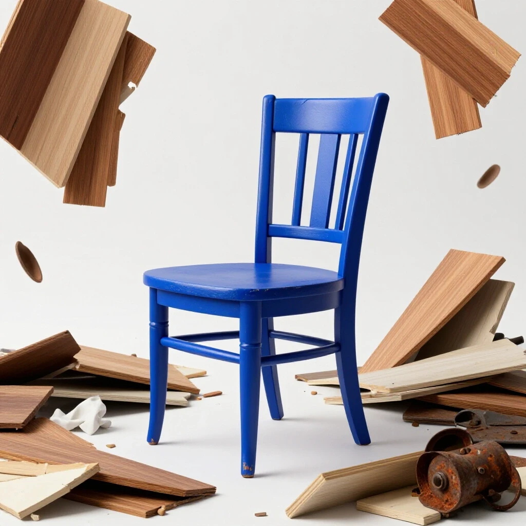 A vibrant repurposed blue chair surrounded by discarded renovation materials illustrating waste reduction strategies.