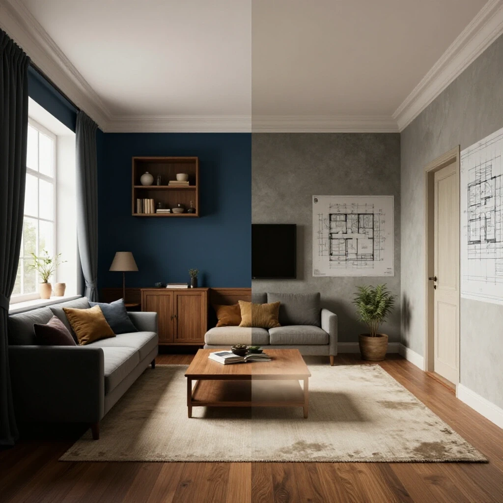 A split-screen image showing a beautifully remodeled room side-by-side with an outdated space, illustrating home refinancing for remodeling.