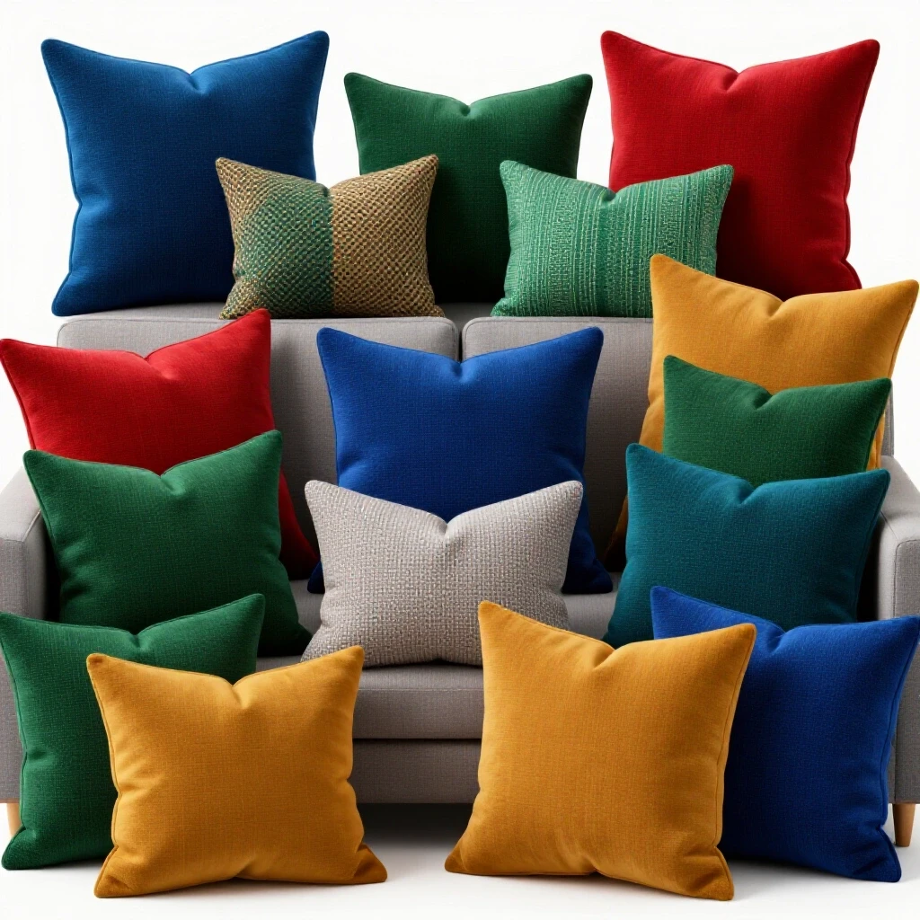 A vibrant arrangement of colorful throw pillows on a stylish couch in a bright studio setting, designed for budget-friendly home decor.
