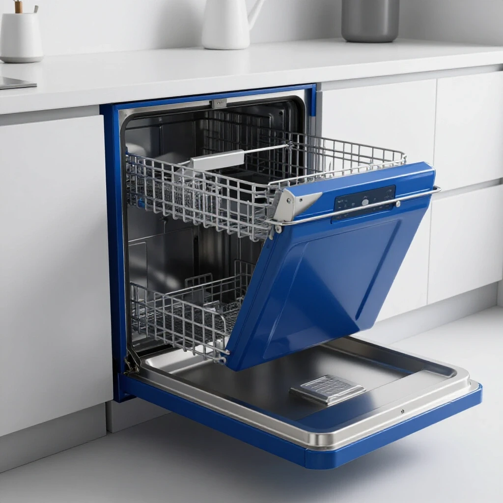 A modern kitchen with a vibrant blue dishwasher being relocated, showcasing effort and dynamic angles.