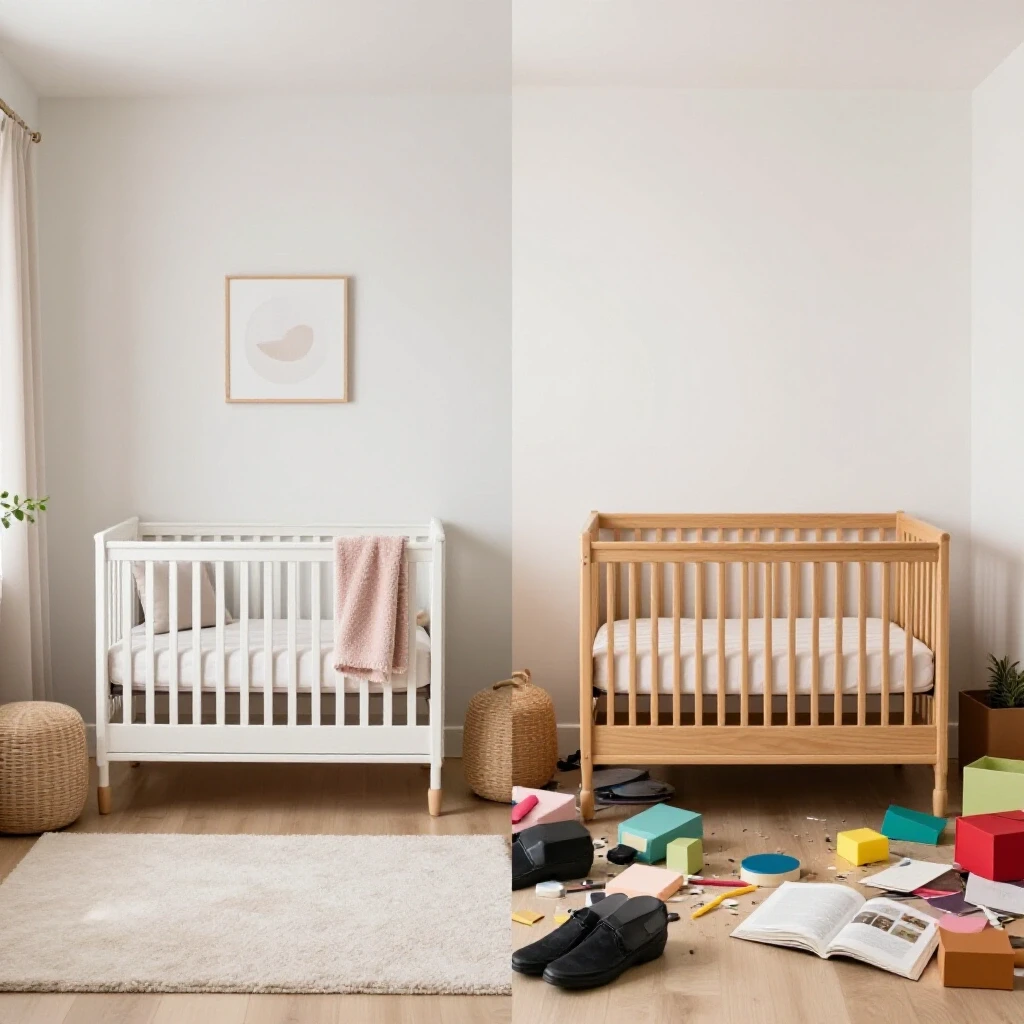 A split-image showing a calm, remodeled nursery alongside a chaotic before scene, showcasing transformation.