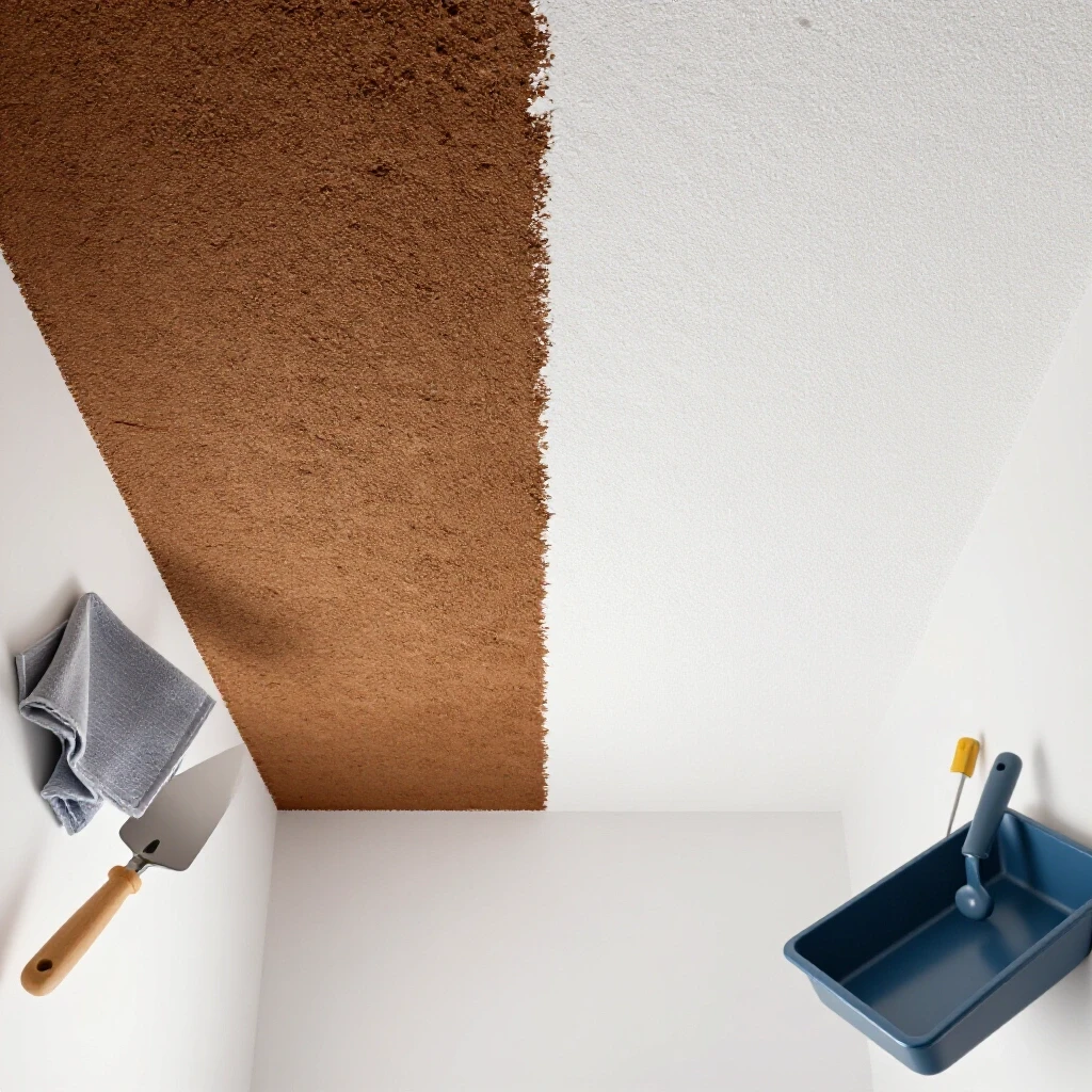 Close-up of a ceiling texture transformation with rough and smooth surfaces, tools like a scraper in view.
