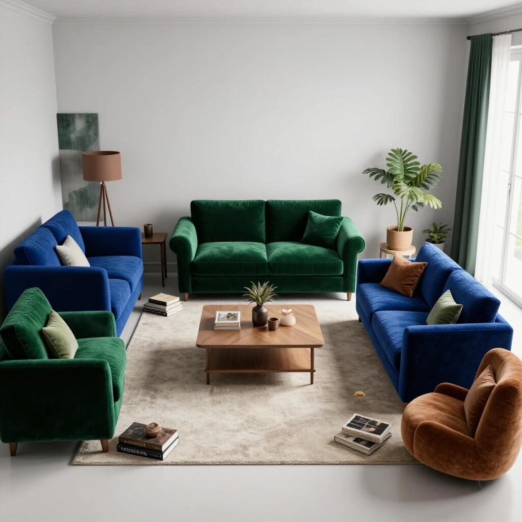 A cozy living room divided into a cluttered side with heavy furniture and a spacious minimalistic side, bathed in natural light.
