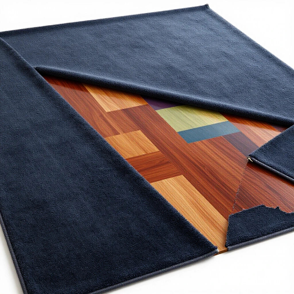 A partially removed carpet revealing vibrant tiles underneath, showcasing the contrast between old and new textures.