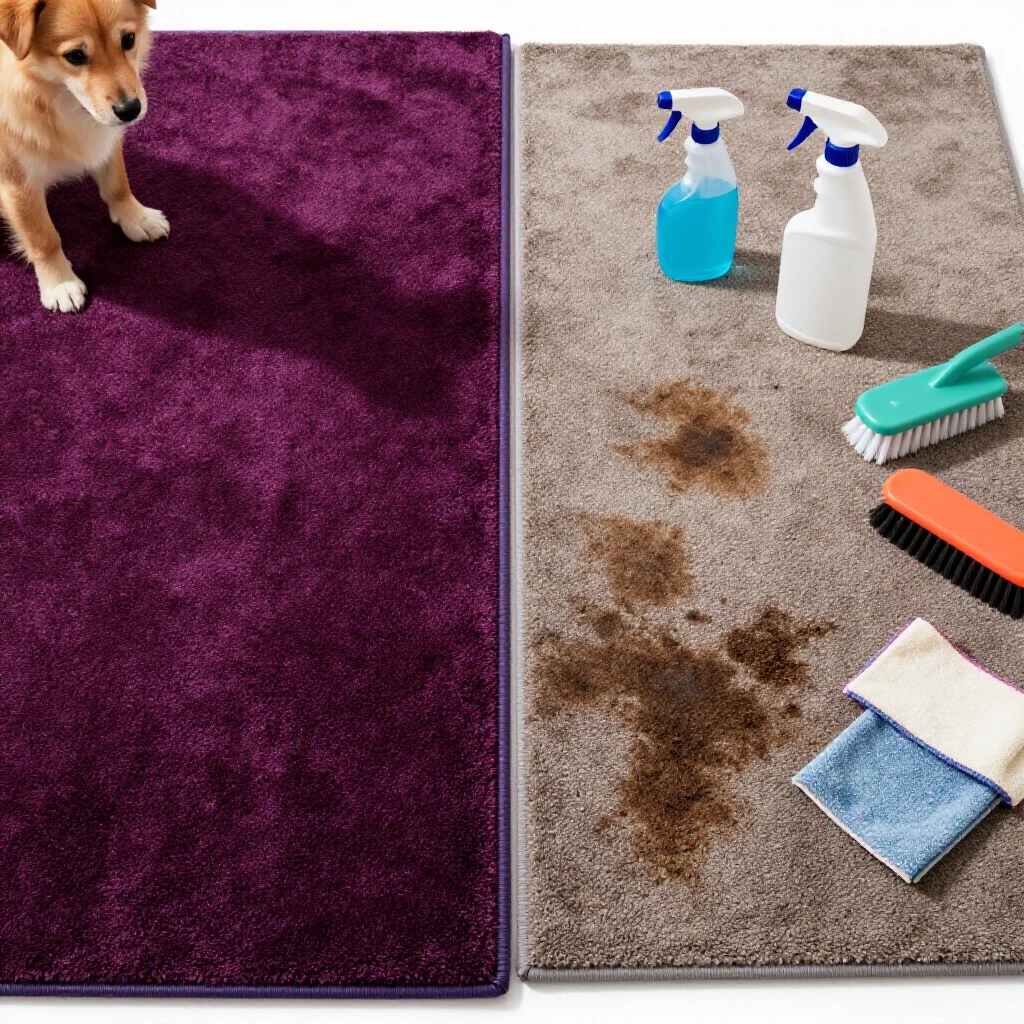 A vibrant carpet contrasting with a stained carpet, showcasing cleaning tools to suggest effective pet stain removal.