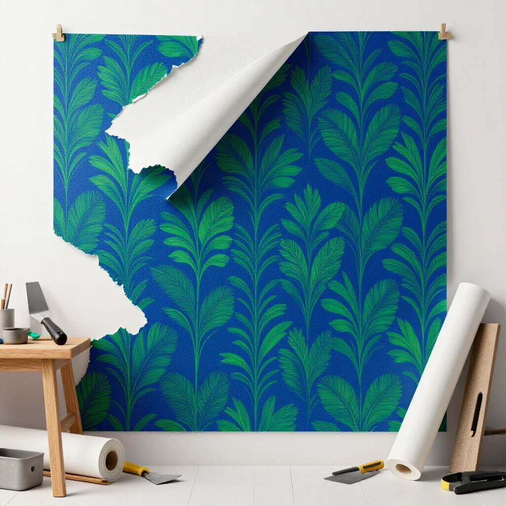 A DIY workspace showing partially peeled wallpaper revealing vibrant colors with tools scattered around, evoking a transformation process.