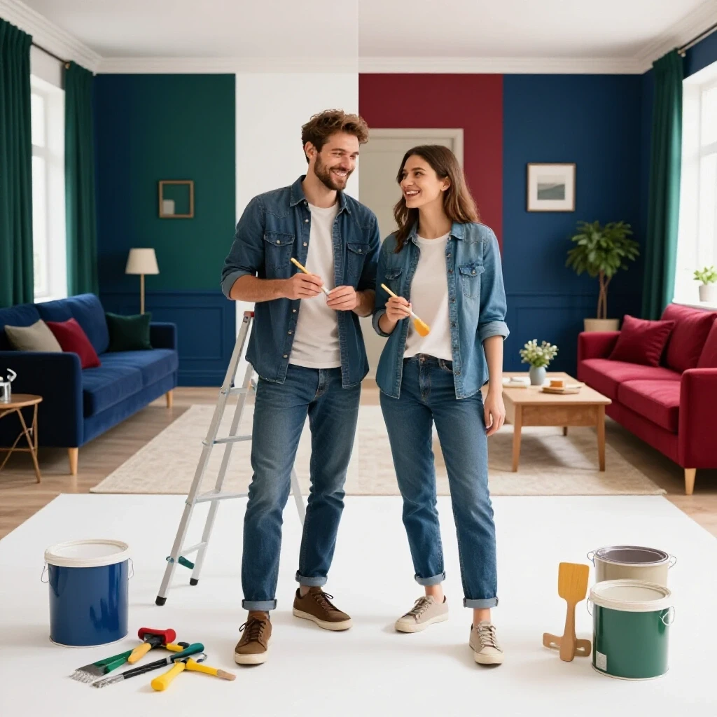 A joyful couple engaged in a home renovation project, alongside an elegantly transformed living space, illustrating teamwork and harmony.