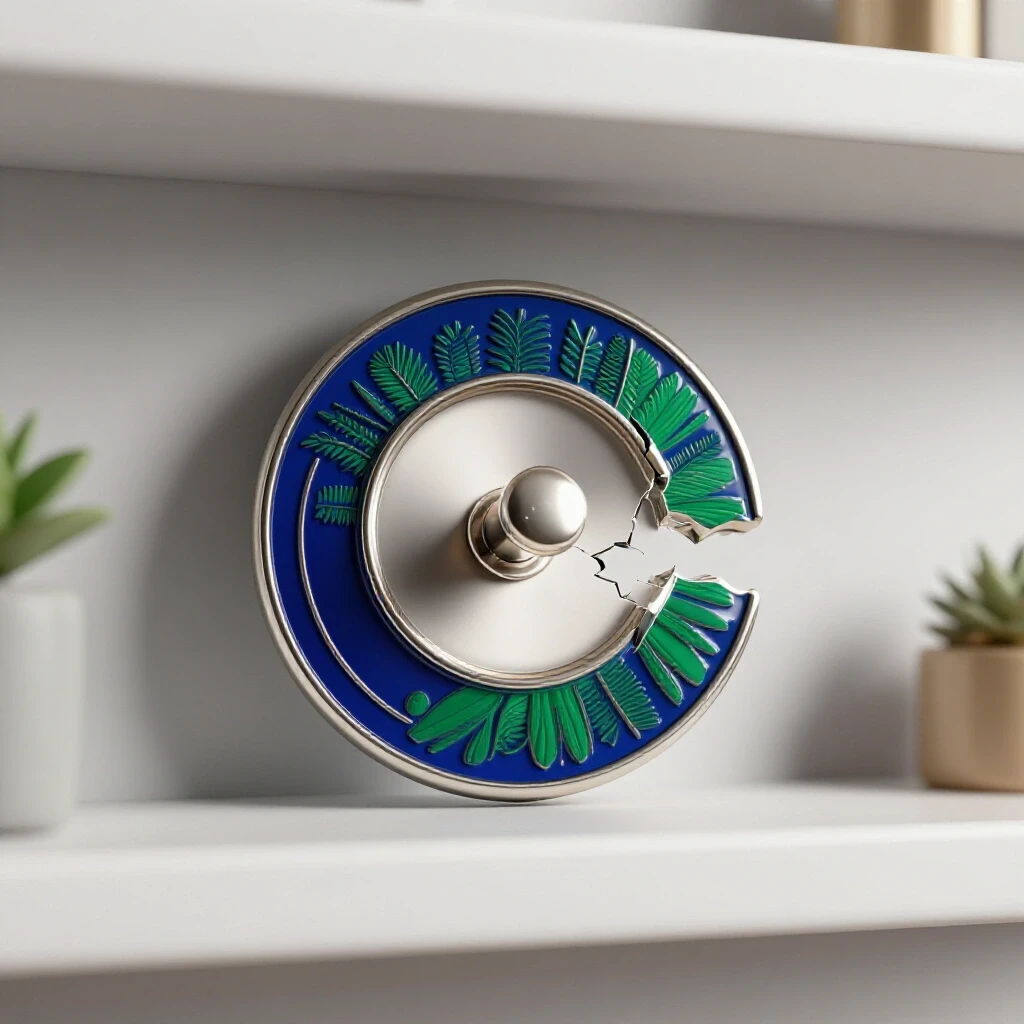 Close-up of a broken shelf pin with a new pin above it, set against a bright, well-decorated room background.