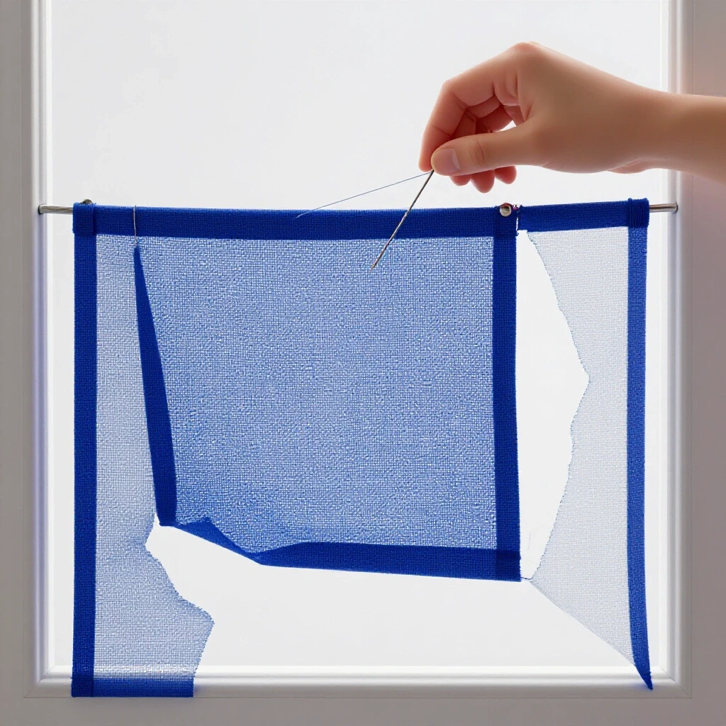Close-up of a torn window screen with a hand holding a needle and thread, showcasing the repair process.