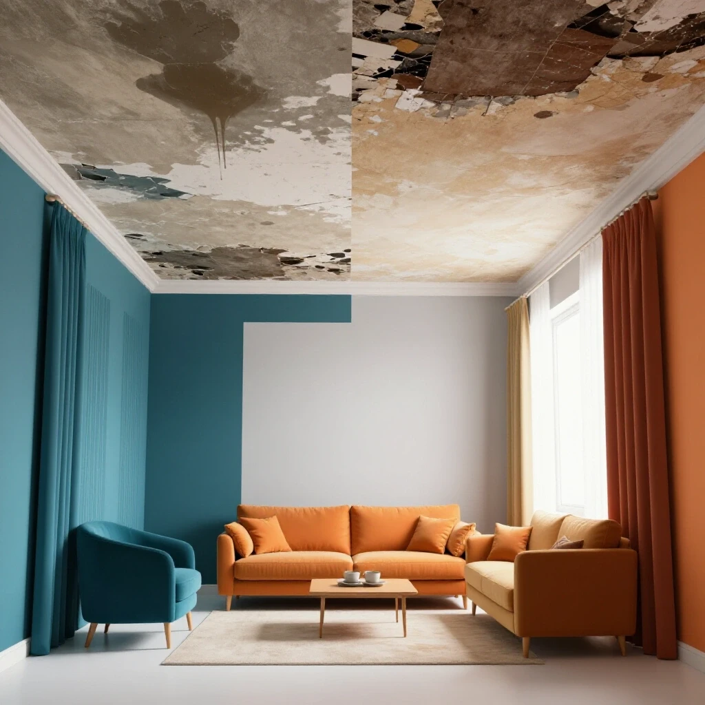 A split scene showing a damaged ceiling with water stains on one side and a freshly repaired ceiling in a bright room on the other.