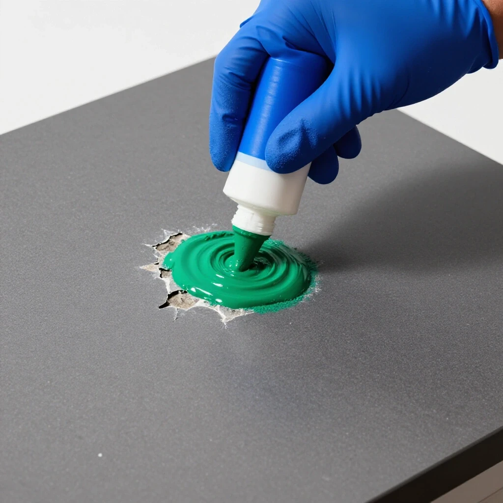 A close-up of a gloved hand applying repair compound to a chipped countertop, contrasting smooth and rough textures.