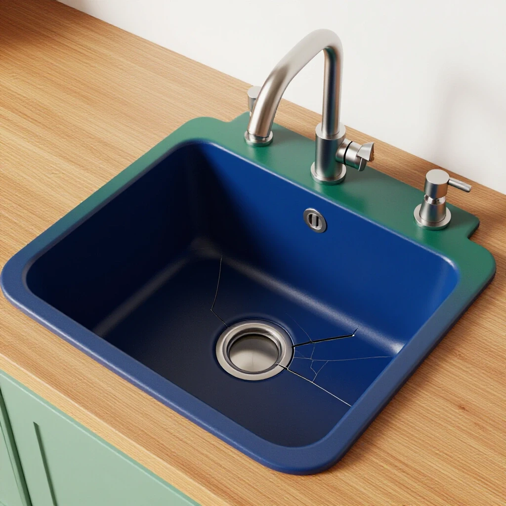 A beautifully repaired sink basin in a vibrant kitchen, highlighting a subtle crack against warm wood tones and sleek metallic fixtures.