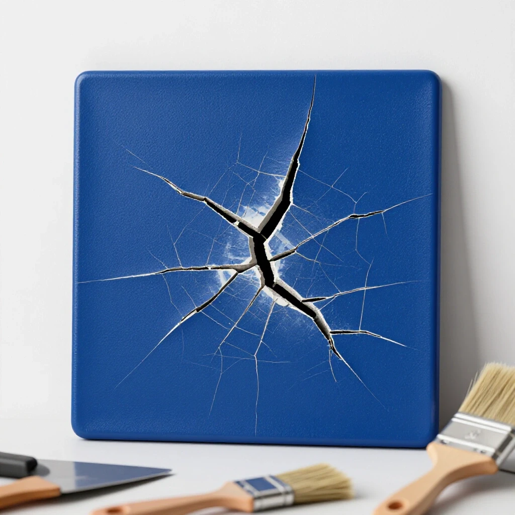 Close-up of a cracked wall plate with tools blurred in the foreground, emphasizing a repair process.