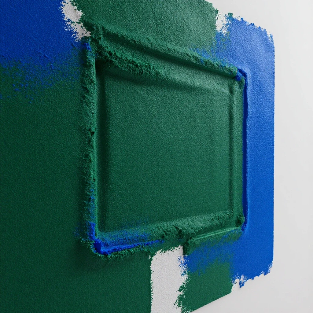 A close-up view of a textured wall undergoing a repair, showcasing rich colors and contrasting texture differences.